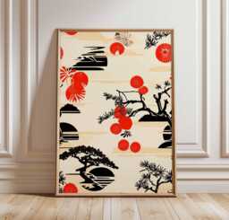 Retro Japanese Wall Art Print, Minimalist Asian Decor, Red & Black Nature Poster, Mid-Century Modern, Zen Living Room Decor - thumbnail 1