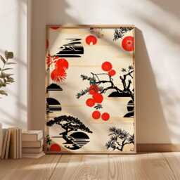 Retro Japanese Wall Art Print, Minimalist Asian Decor, Red & Black Nature Poster, Mid-Century Modern, Zen Living Room Decor - thumbnail 3