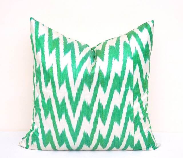 Green Chevron Ikat Pillow Cover, Handloom Silk Cotton Cushion - 20x20 - image 1