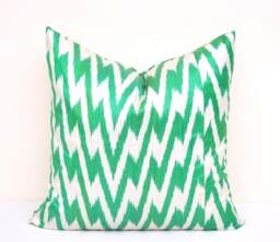 Green Chevron Ikat Pillow Cover, Handloom Silk Cotton Cushion - 20x20 - thumbnail 1