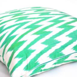 Green Chevron Ikat Pillow Cover, Handloom Silk Cotton Cushion - 20x20 - thumbnail 2