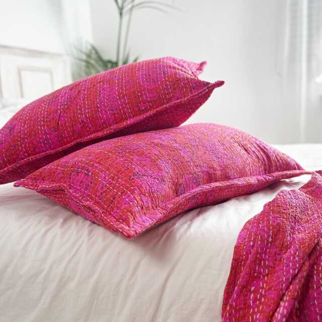 Hot Pink Floral Kantha Pillowcase Hand-stitched Block Print Cotton Pillow Sham - image 1