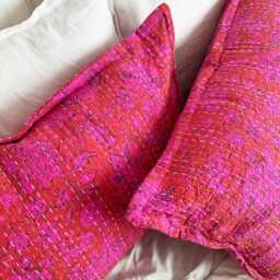Hot Pink Floral Kantha Pillowcase Hand-stitched Block Print Cotton Pillow Sham - thumbnail 3