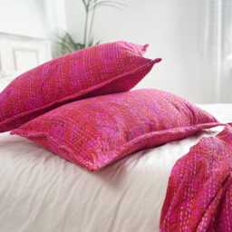 Hot Pink Floral Kantha Pillowcase Hand-stitched Block Print Cotton Pillow Sham
