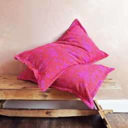 Hot Pink Floral Kantha Pillowcase Hand-stitched Block Print Cotton Pillow Sham - thumbnail 2
