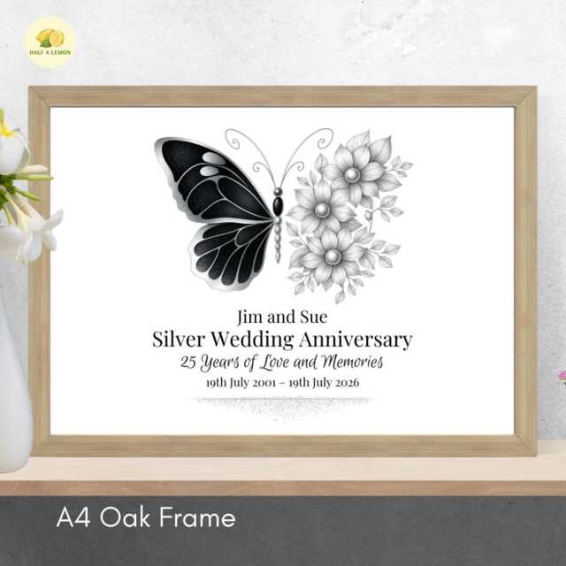 Personalised 25Th Wedding Anniversary Framed Print Silver Gift - A4 Or A3 Size - image 1
