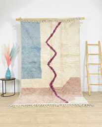 Blue Pink Abstract Moroccan Rug, Zigzag Berber Shag Carpet, Handmade Wool Large Area Boho Modern Floor Mat