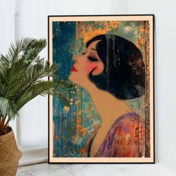 Framed Art Deco Style Vintage Powder Room Wall Art, Large 20S Blue Purple Gold Retro Lovers Gift, Living Home Decor - thumbnail 3