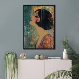 Framed Art Deco Style Vintage Powder Room Wall Art, Large 20S Blue Purple Gold Retro Lovers Gift, Living Home Decor - thumbnail 1