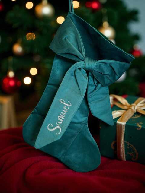 Personalized Velvet Bow Stocking, Christmas Oversized Bow Stocking, Personalized Family Stocking - image 1