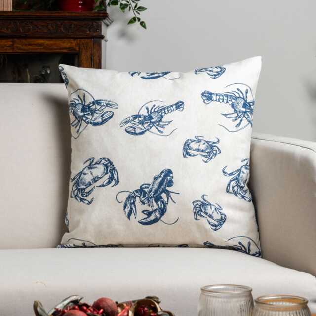 Crab & Lobster Nautical Cushion Cover. Marine Blue White Sea Creature Design For Beach Huts. 17x17 - image 1