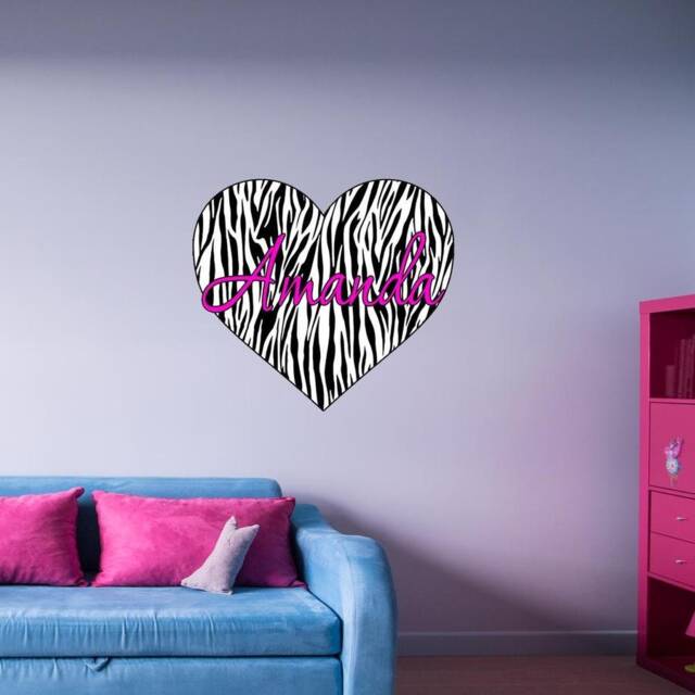 Custom Name Decal - Personalized Zebra Print Heart Wall Art Sticker Girls Room Nursery Decor Vwaq-Gh2
