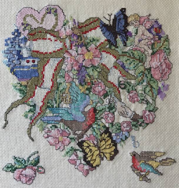 Completed Heart Cross Stitch Glitter Ribbon, Birds & Butterflies - image 1