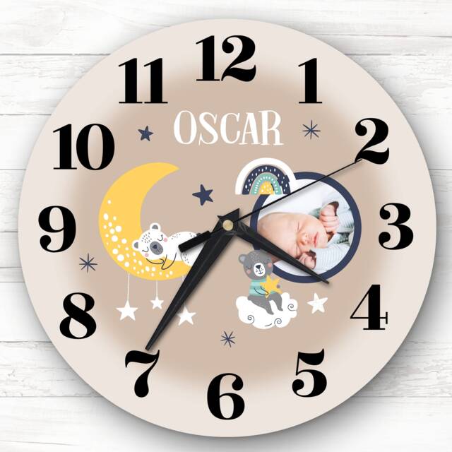 Baby Boy Girl Nursery Room Moon Photo Neutral Custom Gift Personalised Clock - image 1
