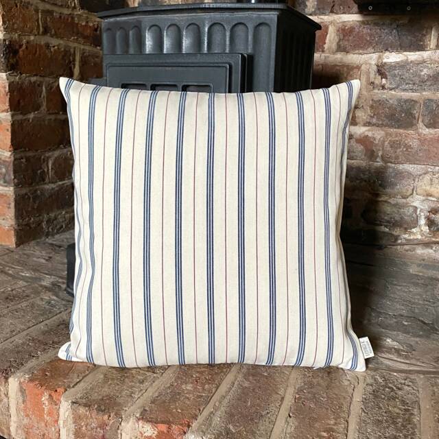 758. Handmade Ticking Blue Red Stripes 100% Cotton Cushion Cover Various Sizes - image 1
