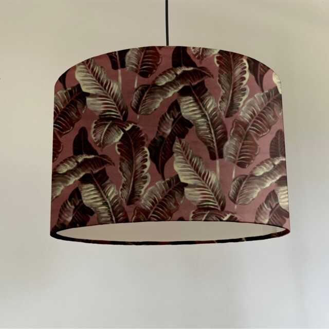 Pink Leaves Velvet Drum Lampshade, Tropical Ceiling Light Shade - image 1