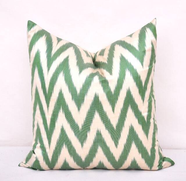 Green Chevron Ikat Pillow Cover, Silk Cotton Cushion - 20x20 - image 1