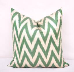 Green Chevron Ikat Pillow Cover, Silk Cotton Cushion - 20x20 - thumbnail 1