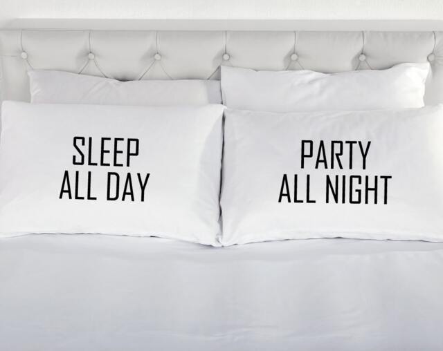 White Pillowcase Set, Sleep All Day, Party Night, Printed Pillow Case Teenagers Bed 200 Thread Count 100% Cotton Excellent Quality