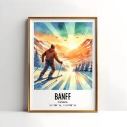Banff Ski Poster - Watercolour Art Print - Travel Wall Artwork Skiing Gifts Sunshine Canada Decor Village Resort Skier Gift - thumbnail 1