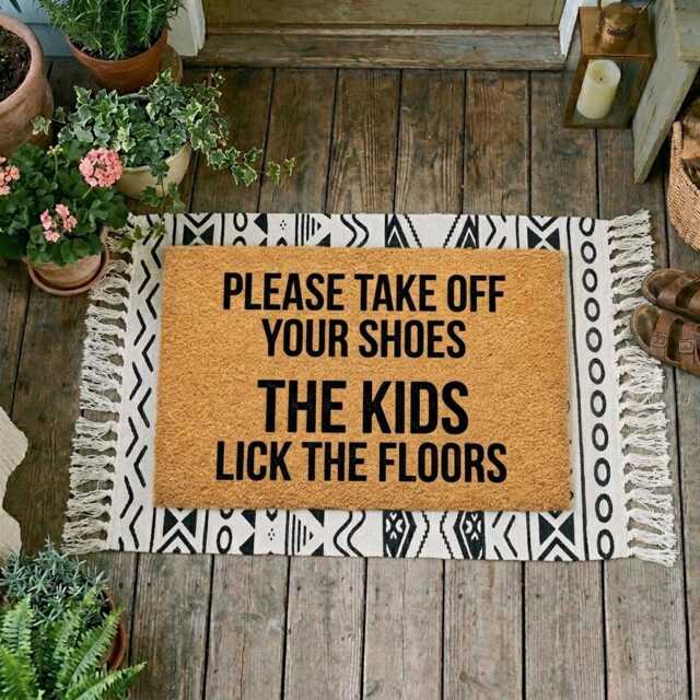 Funny Coir Doormat - Please Take Off Your Shoes, Kids Lick Floors Housewarming Gift - image 1