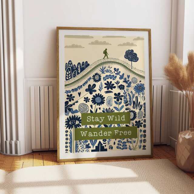 stay Wild Wander Free - Folksy Boho Hiking Print - Wildflowers, Rolling Hills Wall Art Blue & Green Nature Illustration - image 1