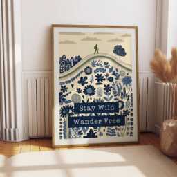 stay Wild Wander Free - Folksy Boho Hiking Print - Wildflowers, Rolling Hills Wall Art Blue & Green Nature Illustration - thumbnail 3