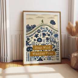 stay Wild Wander Free - Folksy Boho Hiking Print - Wildflowers, Rolling Hills Wall Art Blue & Green Nature Illustration - thumbnail 2