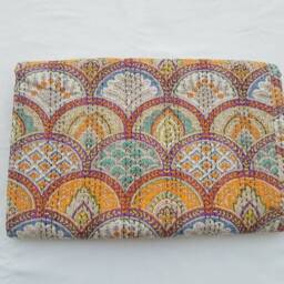 Kantha Quilt, Indian Blanket, Queen Quilt Bird Print Throw, Handmade Embroidered Bedspread - thumbnail 3