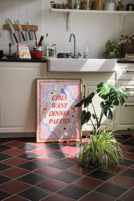 Girls Want Dinner Parties Art Print, Retro Kitchen Bar Cart Decor - image 1