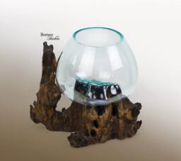 Hand Blown Glass Vase On Driftwood Base Eco Terrarium Planter - 11.8x13x9 - thumbnail 1
