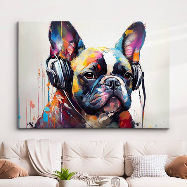 French Bulldog With Headphones Dog Pet Abstract Modern Painting Wall Art, Framed Canvas Poster Print, Home Kitchen Office Room Decor, Gifts - image 1