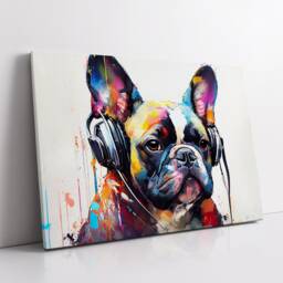 French Bulldog With Headphones Dog Pet Abstract Modern Painting Wall Art, Framed Canvas Poster Print, Home Kitchen Office Room Decor, Gifts - thumbnail 2