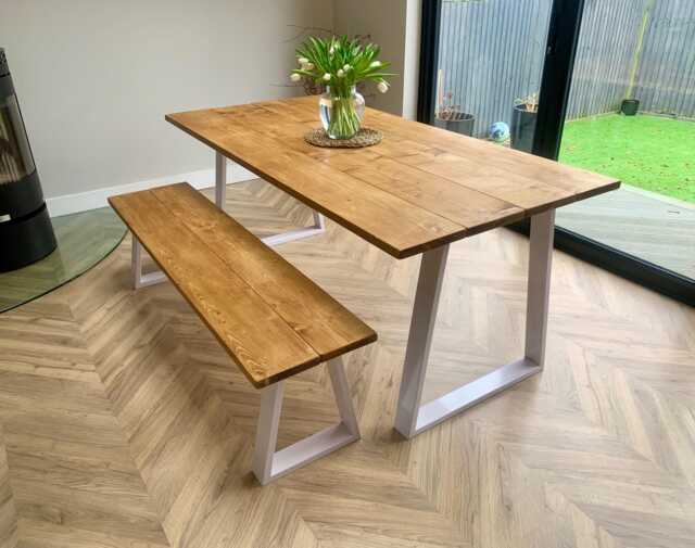 Reclaimed Wood Dining Table With Steel White Trapezium Legs. - Matching Benches Available - image 1