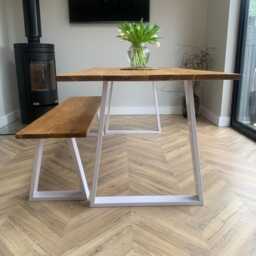 Reclaimed Wood Dining Table With Steel White Trapezium Legs. - Matching Benches Available - thumbnail 2