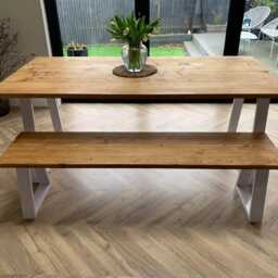 Reclaimed Wood Dining Table With Steel White Trapezium Legs. - Matching Benches Available - thumbnail 3