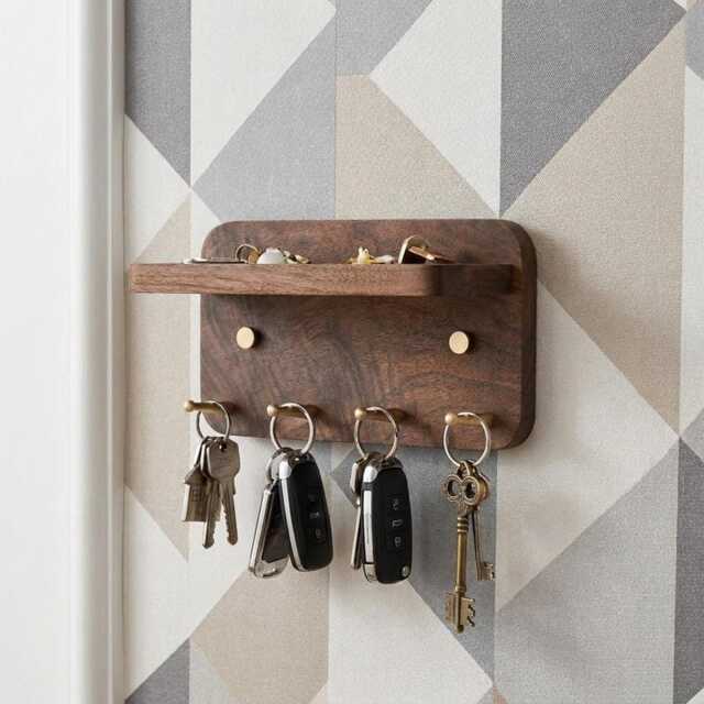 Walnut Key Holder Wall Mount With Shelf, Entryway Organizer, Minimalist Home Decor - image 1