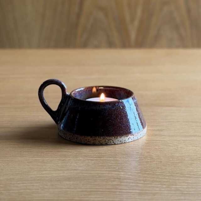 Handmade Tea-Light Candle Holder, Burgundy Ceramic Dish, Rustic Pottery Gift, Stoneware Ring Trinket Small Artisan Votive Holde - image 1