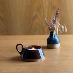 Handmade Tea-Light Candle Holder, Burgundy Ceramic Dish, Rustic Pottery Gift, Stoneware Ring Trinket Small Artisan Votive Holde - thumbnail 2