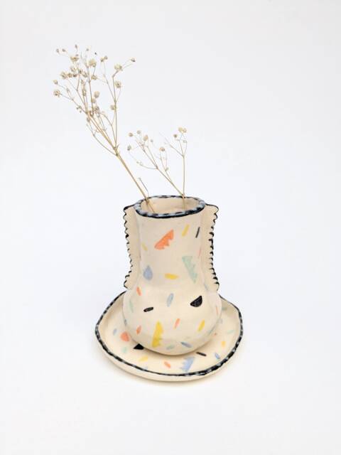 Colorful Ceramic Vase & Its Bowl, Handcrafted, Modeled Painted By Hand, Unique Piece - image 1