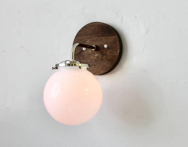 Wall Sconce Lamp, Mid Century Modern Mounted Lighting Fixture, White Glass Globe Shade, Wood Base, Polished Nickel, Wire-In Or Plug-In - image 1