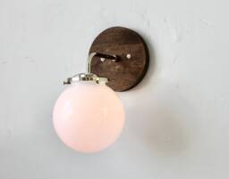 Wall Sconce Lamp, Mid Century Modern Mounted Lighting Fixture, White Glass Globe Shade, Wood Base, Polished Nickel, Wire-In Or Plug-In