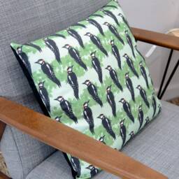 Woodpecker Print Cushion - Green Woodland Bird Pillow, 45cm Square - thumbnail 2
