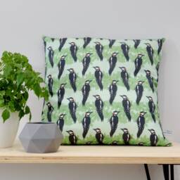 Woodpecker Print Cushion - Green Woodland Bird Pillow, 45cm Square - thumbnail 1