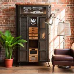Industrial Style Multi Drawer Storage Cabinet With Glass Door & Metal Drawers - thumbnail 4