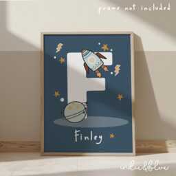 Personalised Name Space Print, Rocket Nursery Poster, Solar System Boy Playroom Decor, Kids Wall Art - thumbnail 2