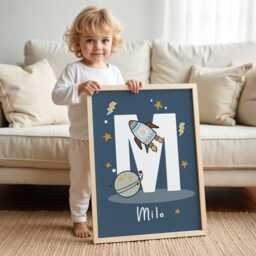 Personalised Name Space Print, Rocket Nursery Poster, Solar System Boy Playroom Decor, Kids Wall Art - thumbnail 1