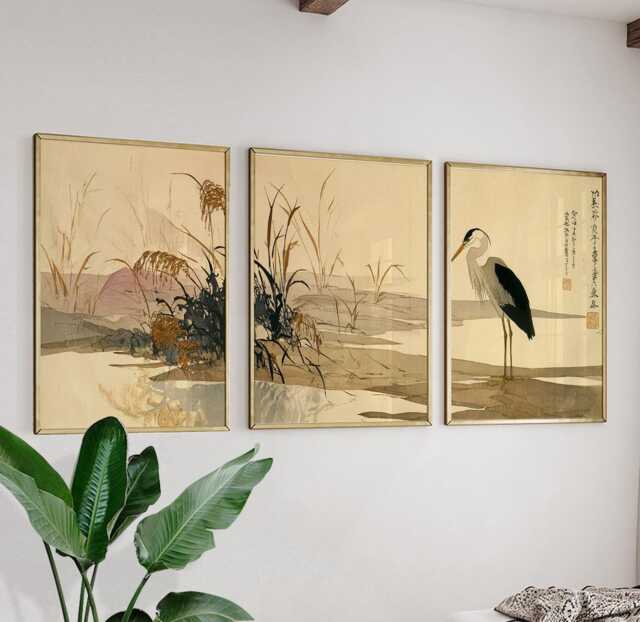 Crane Reed Pond Poster Set Of 3 Asian Watercolor Style Wall Art - image 1