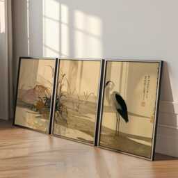Crane Reed Pond Poster Set Of 3 Asian Watercolor Style Wall Art - thumbnail 3