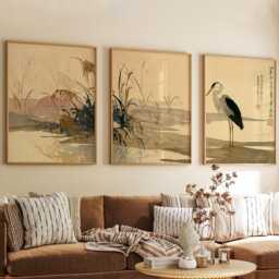 Crane Reed Pond Poster Set Of 3 Asian Watercolor Style Wall Art - thumbnail 2